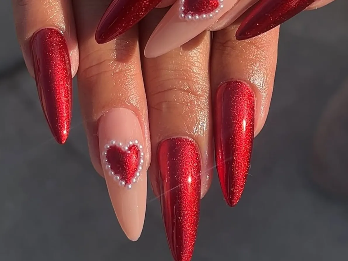 red nail with glitter